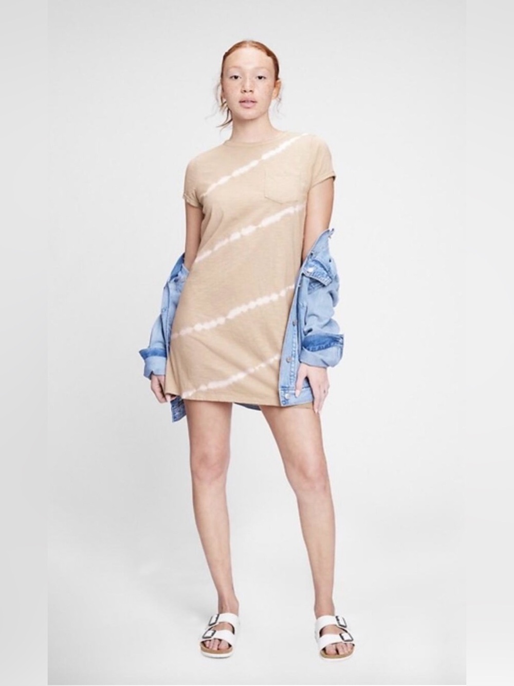 GAP Cotton Beige and White Diagonal Tie-Dye Pocket T-Shirt Dress Size Medium